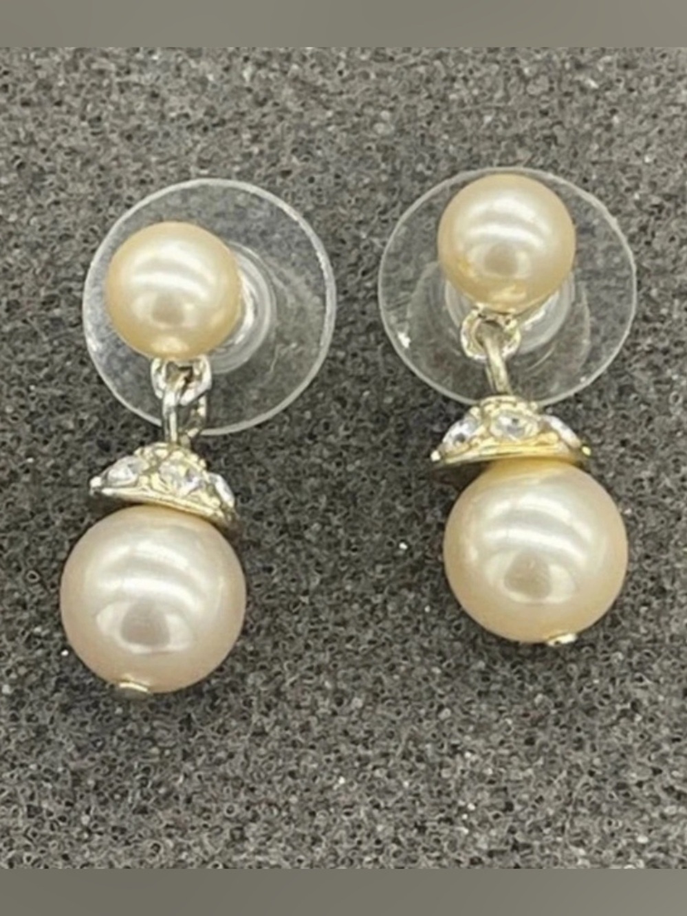 Vintage Silver Tone Faux Pearl Rhinestone Dangle Drop Earrings
